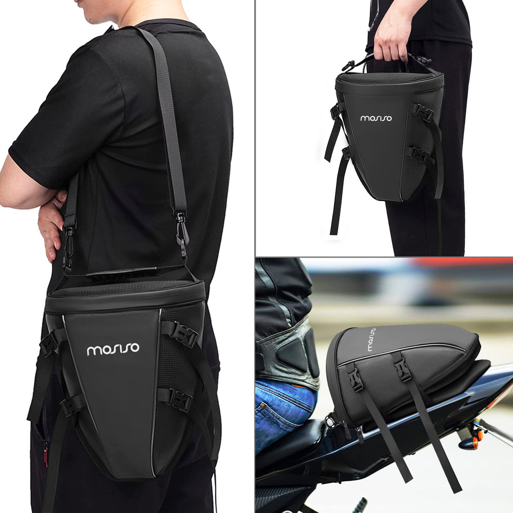 MOSISO mounted on motorcycle demonstrating stable rear-seat attachment
