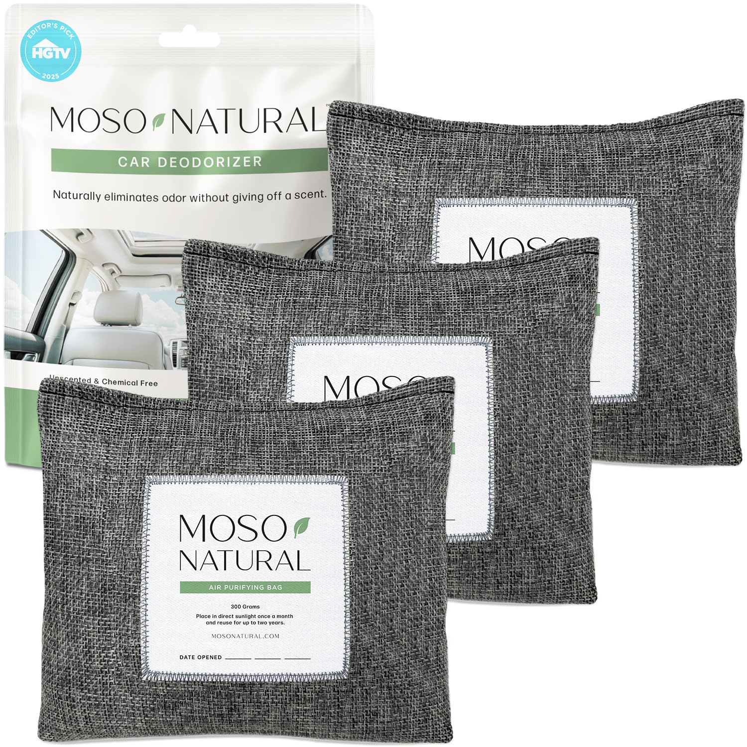 MOSO NATURAL front pack photo showing three bags and neutral benefit