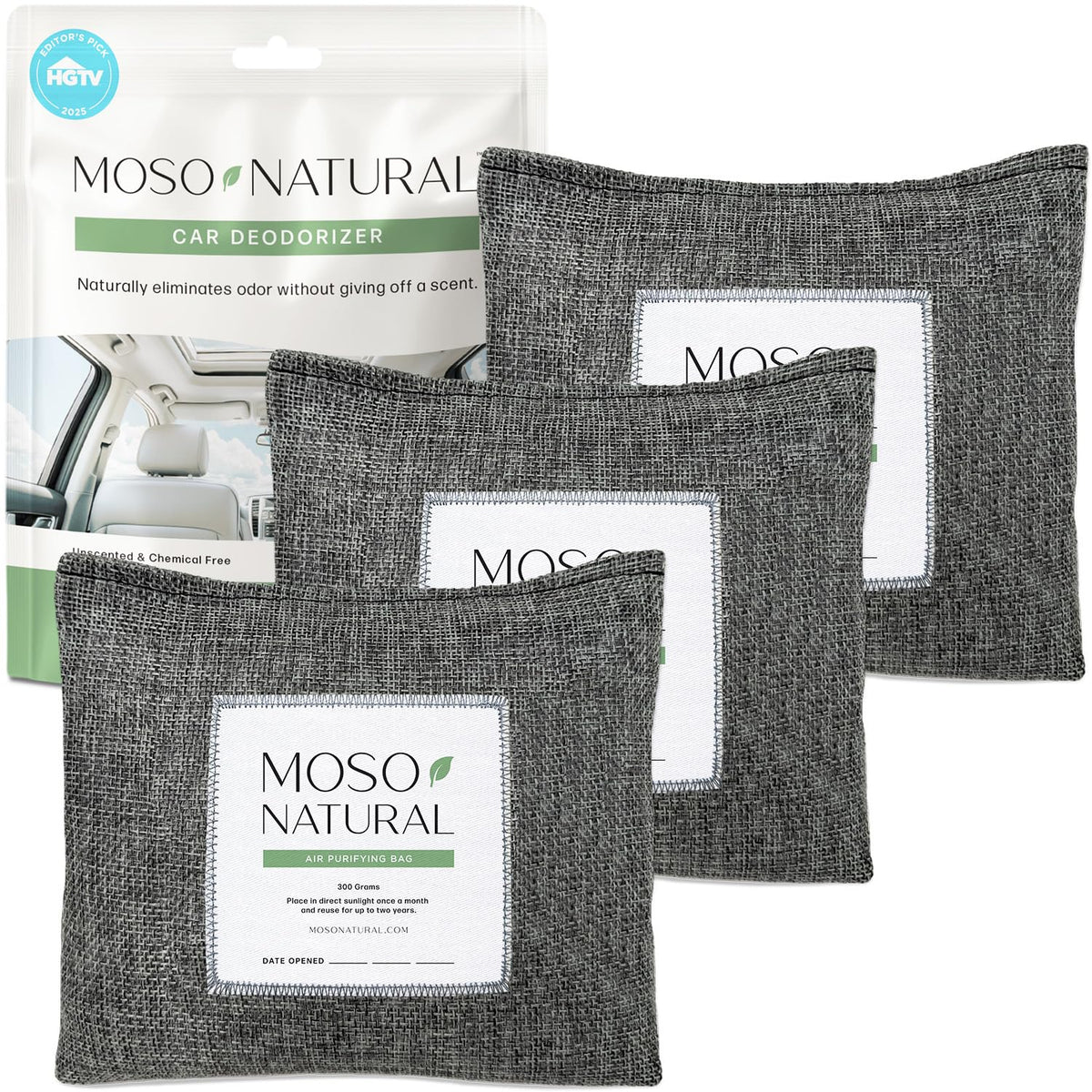 MOSO NATURAL front pack photo showing three bags and neutral benefit