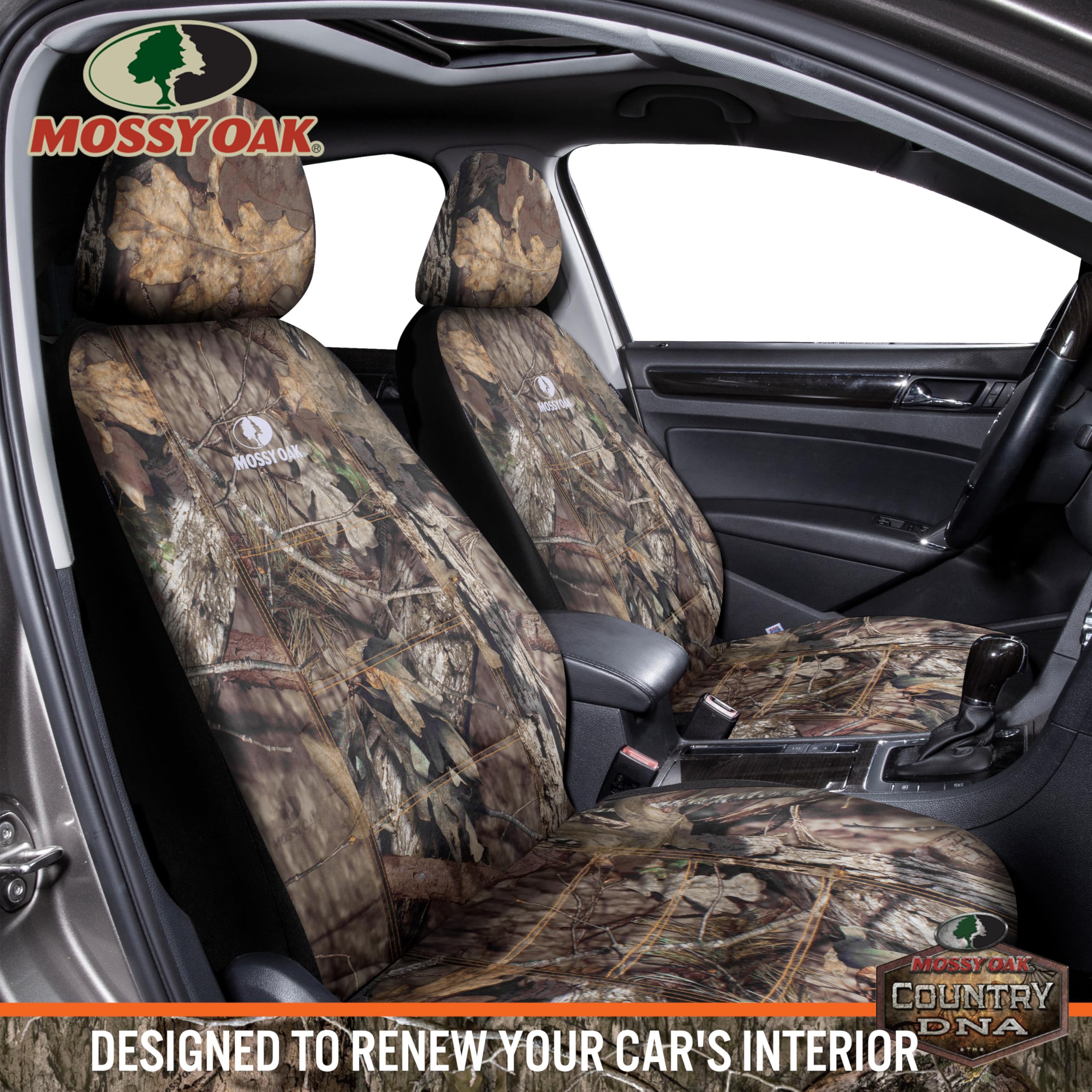 Mossy Oak headrest cover close-up showing branded camo and snug fit