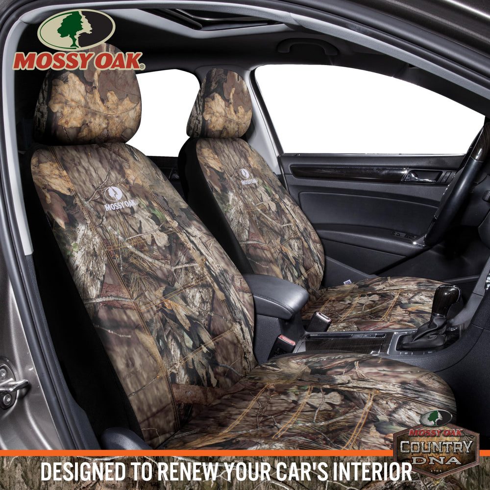 Mossy Oak headrest cover close-up showing branded camo and snug fit