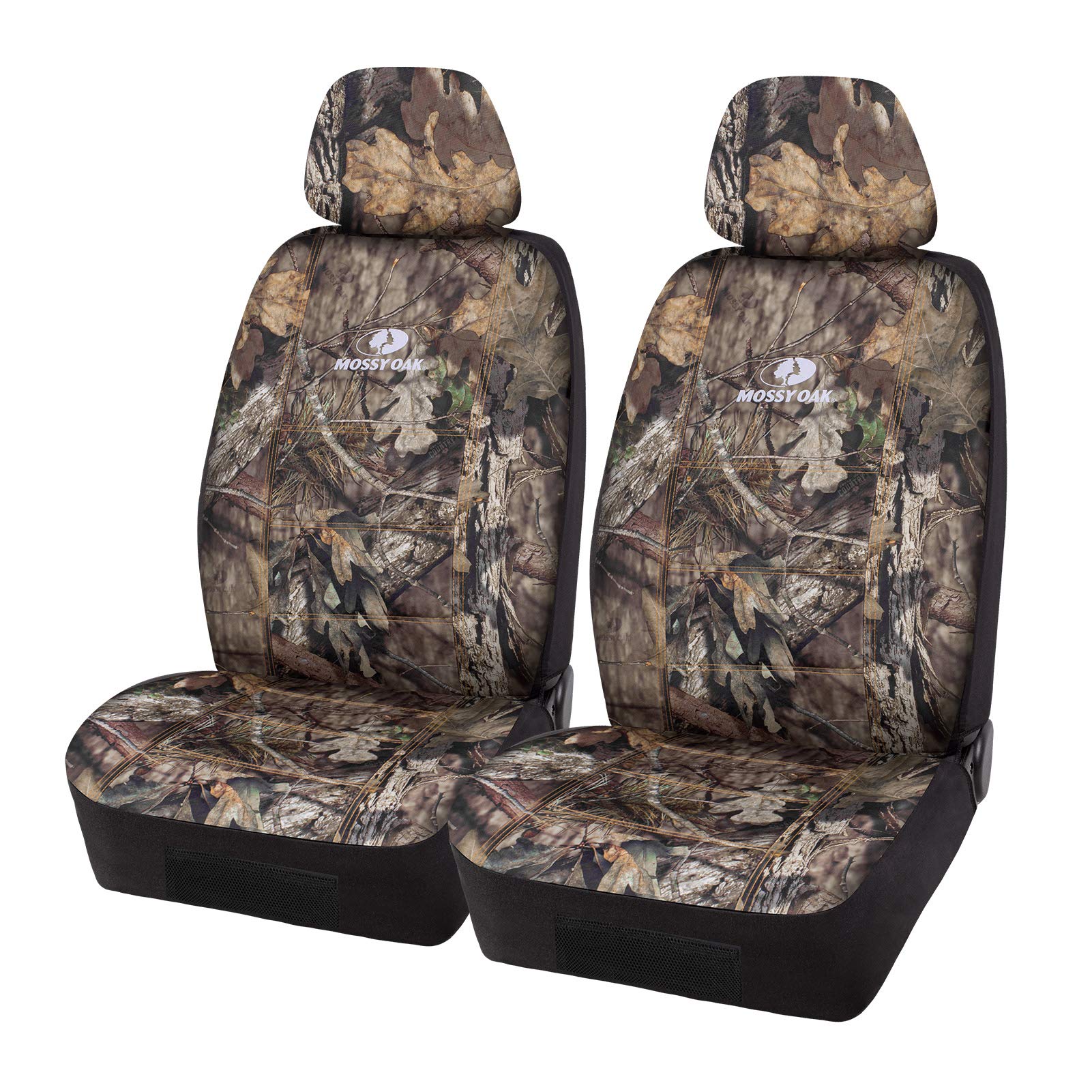 Mossy Oak front camo seat cover front view showing protective fit and style