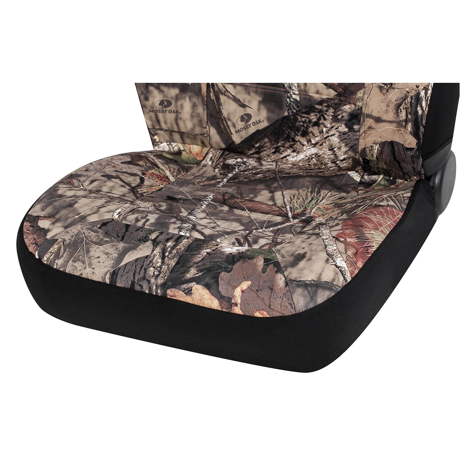 Mossy Oak seat cover beside ruler for scale illustrating universal fit guidance benefit
