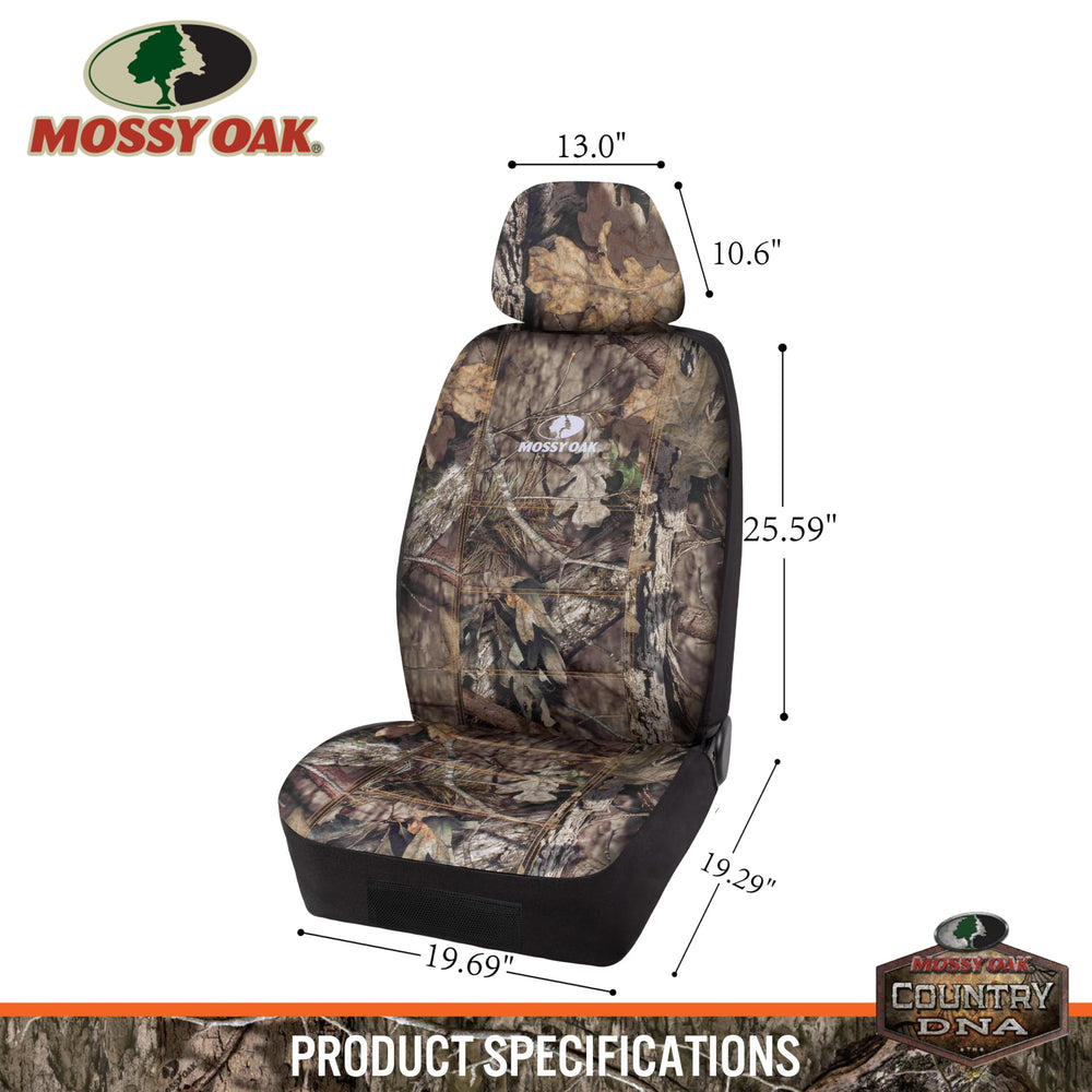 Mossy Oak packaged seat covers with straps showing included installation hardware