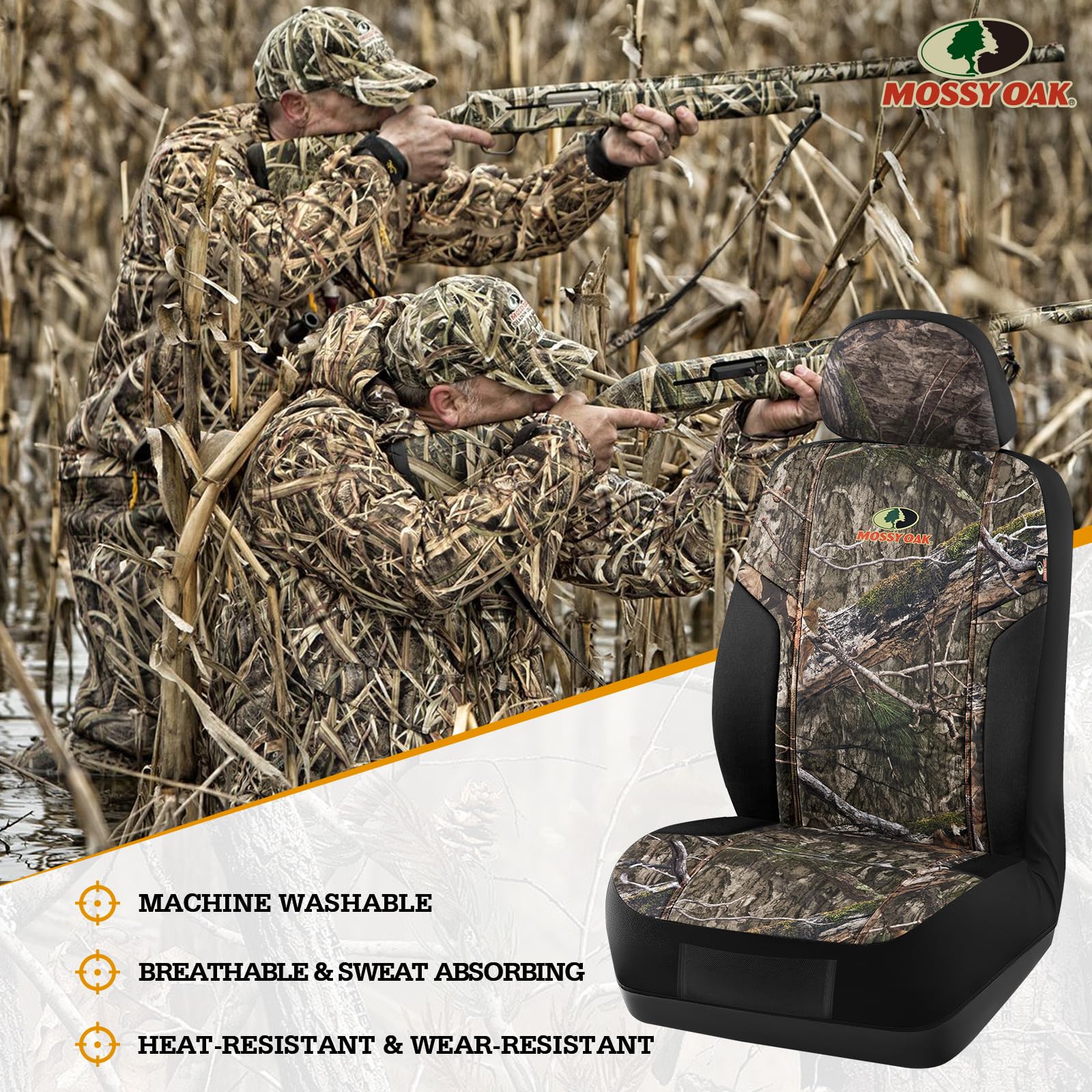 Mossy Oak seat cover in vehicle lifestyle scene demonstrating protection