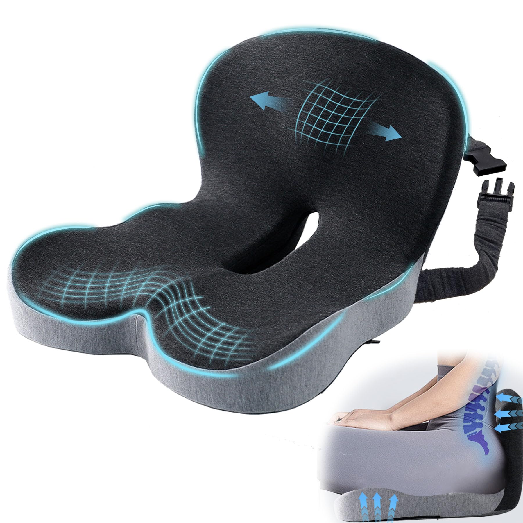 Mosxoed front view of seat cushion showing supportive shape and improved comfort
