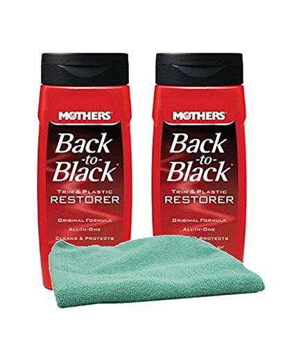 Mothers Back-To-Black bottle front label with microfiber cloth showing restored trim benefit