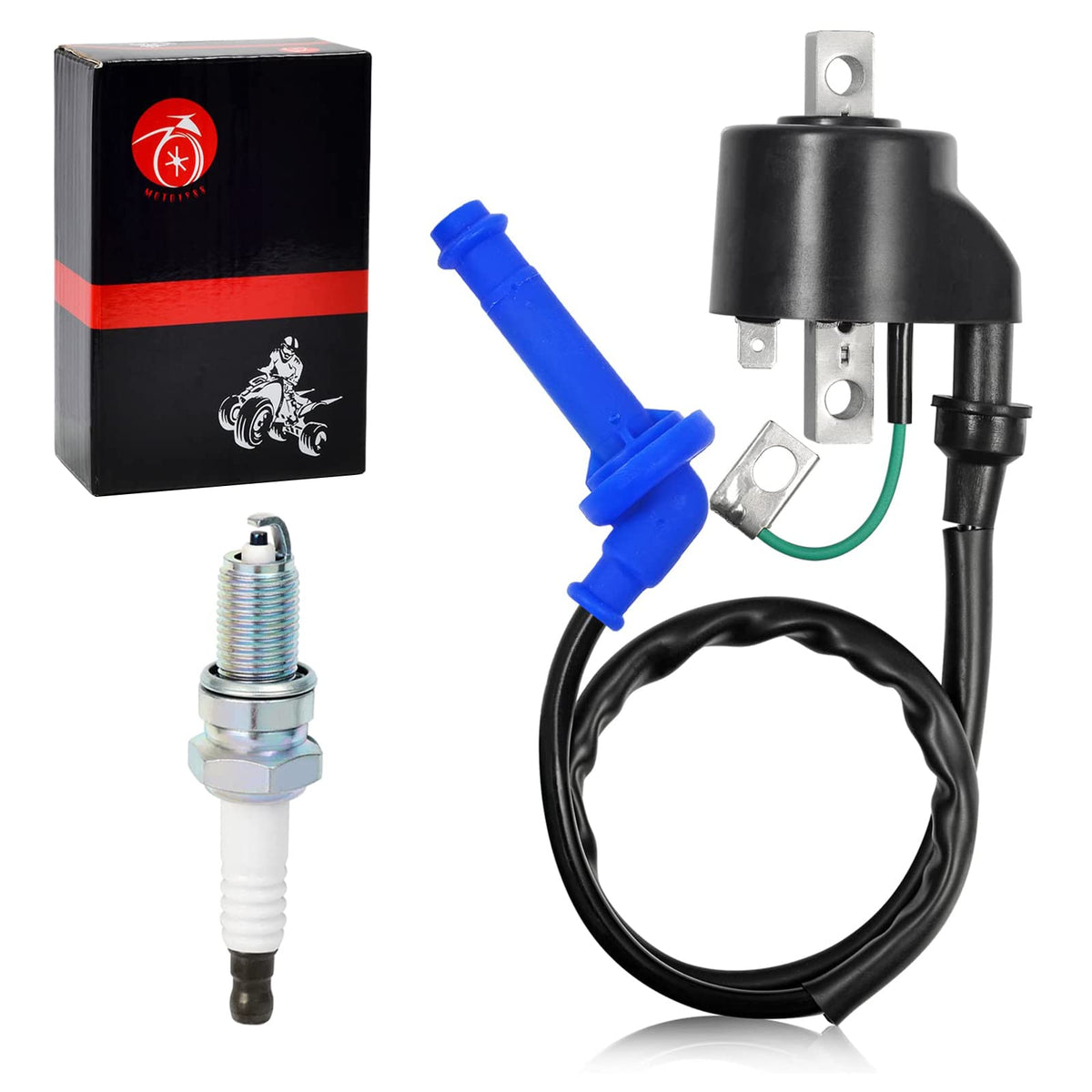 MOTO1988 ignition coil front view showing fit and durable construction benefit