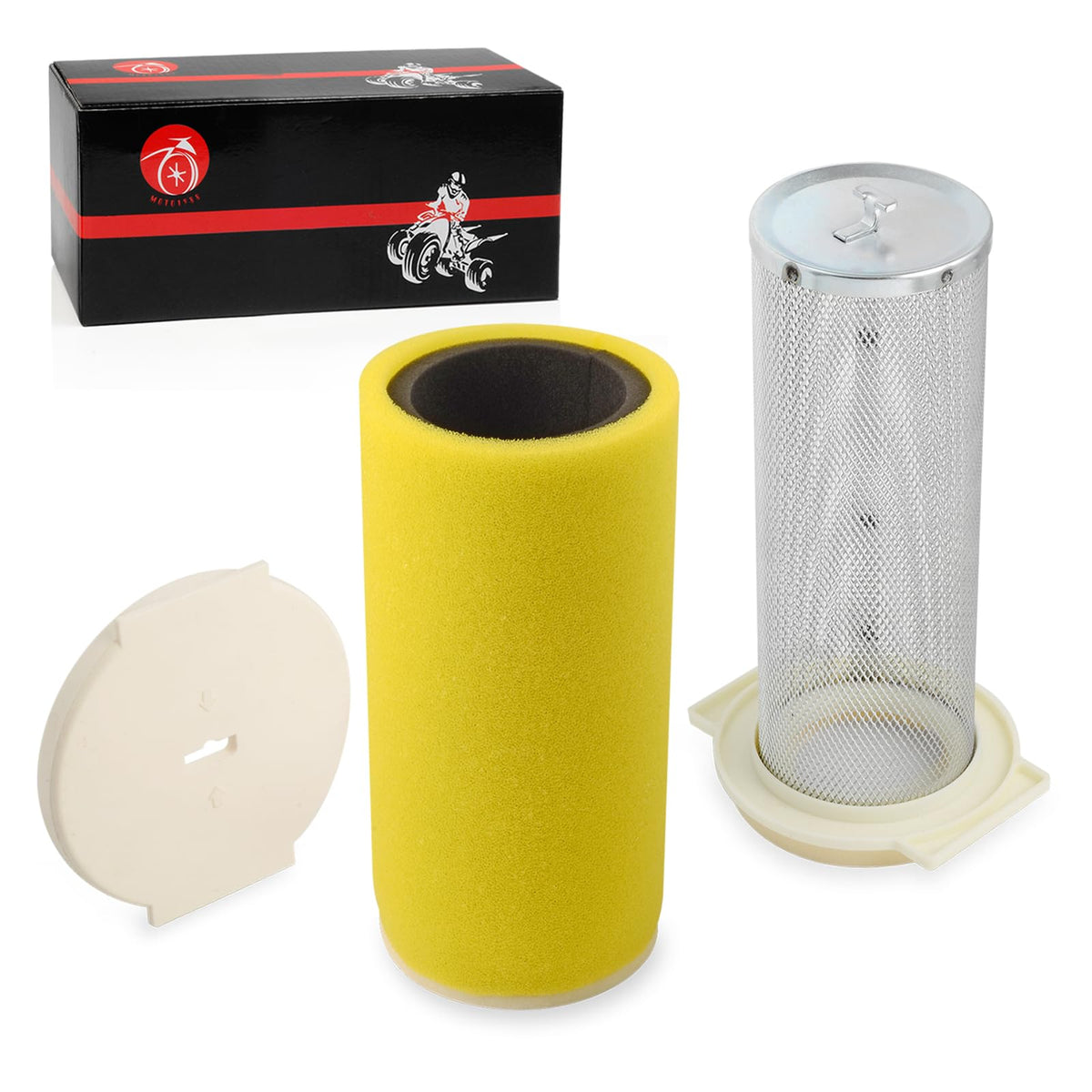 MOTO1988 front view of full air filter guide and end cap kit showing complete set benefit