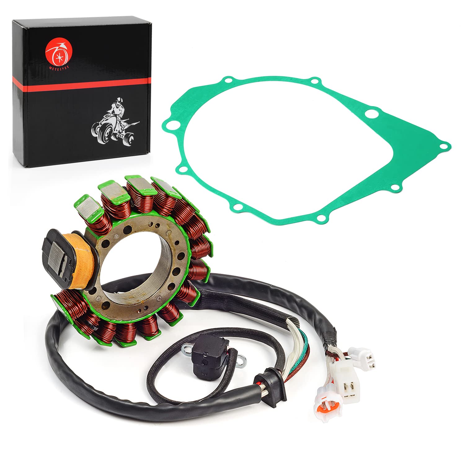 MOTO1988 stator side connector detail showing OEM-style plug for easy hookup