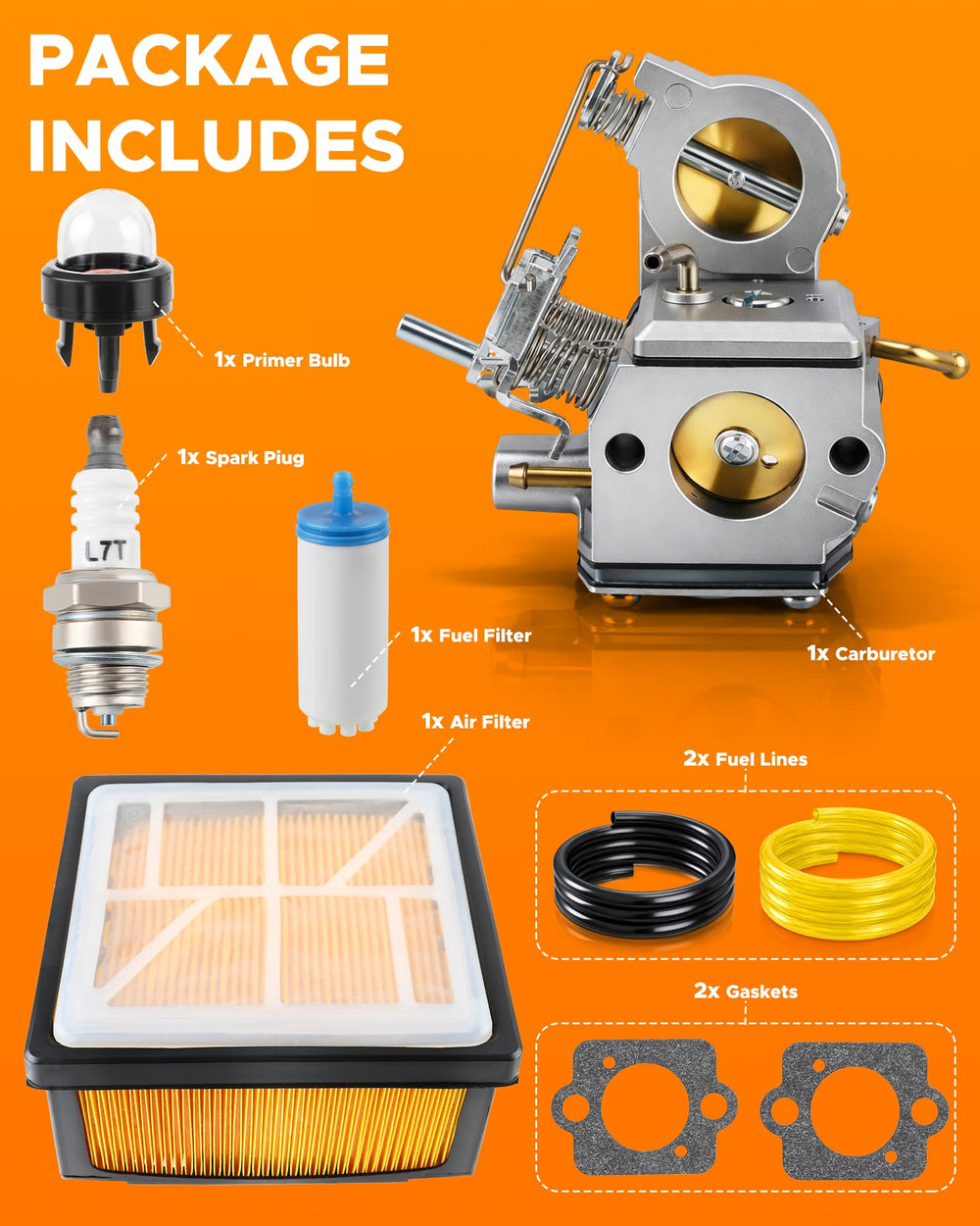 MOTOALL carburetor packaged with parts showing what arrives to simplify installation