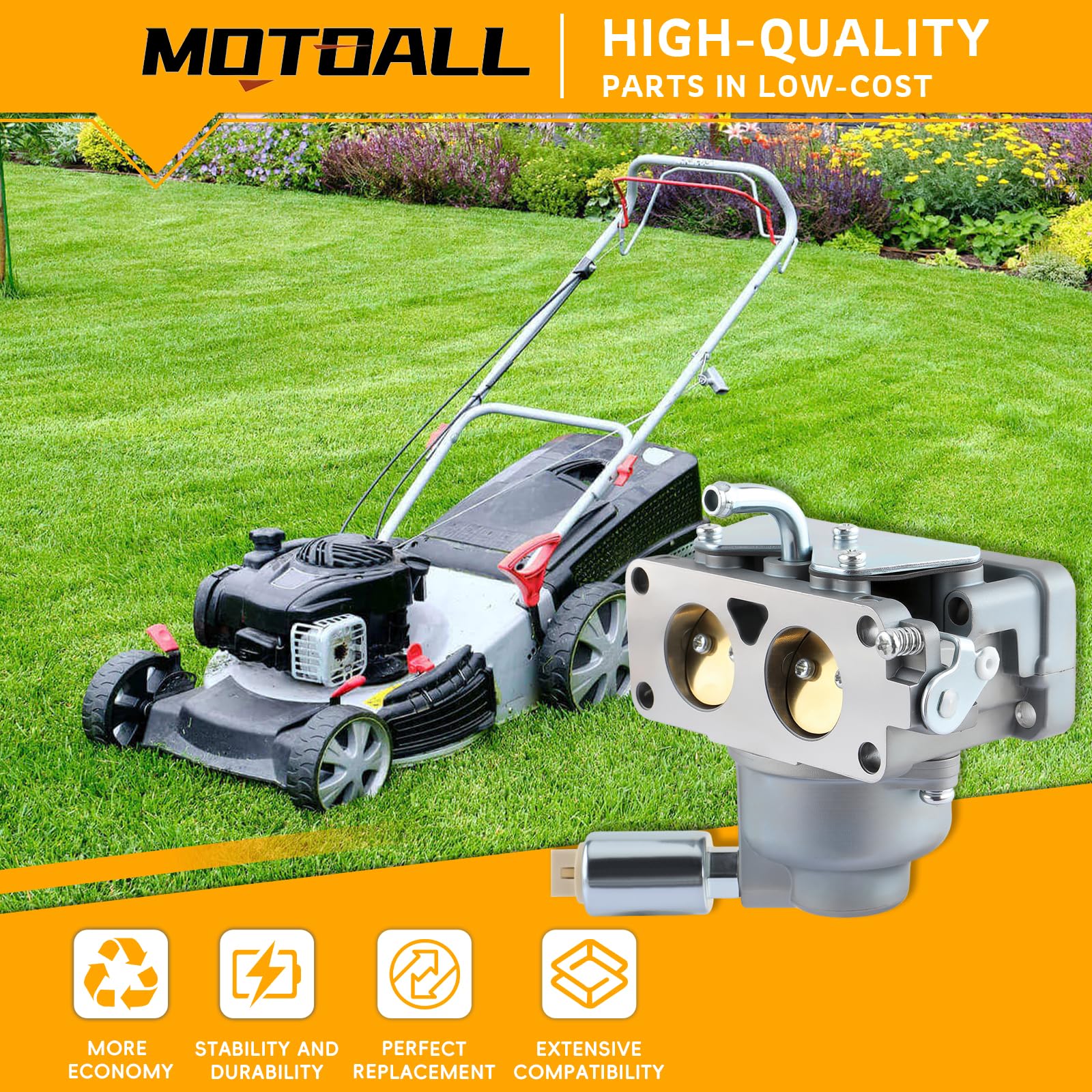 MOTOALL carburetor side profile illustrating compact fit and durable finish
