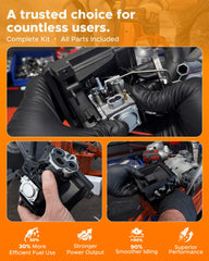 MOTOALL carburetor top detail showing throttle bore and precision machining benefit