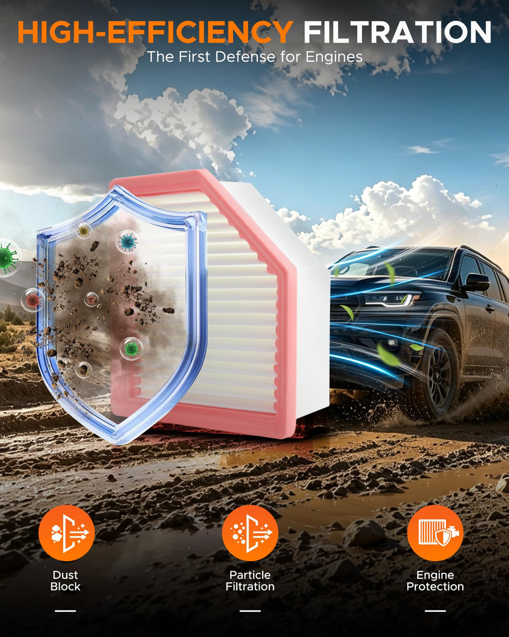 MOTOALL filters installed in a vehicle engine bay demonstrating direct-fit ease