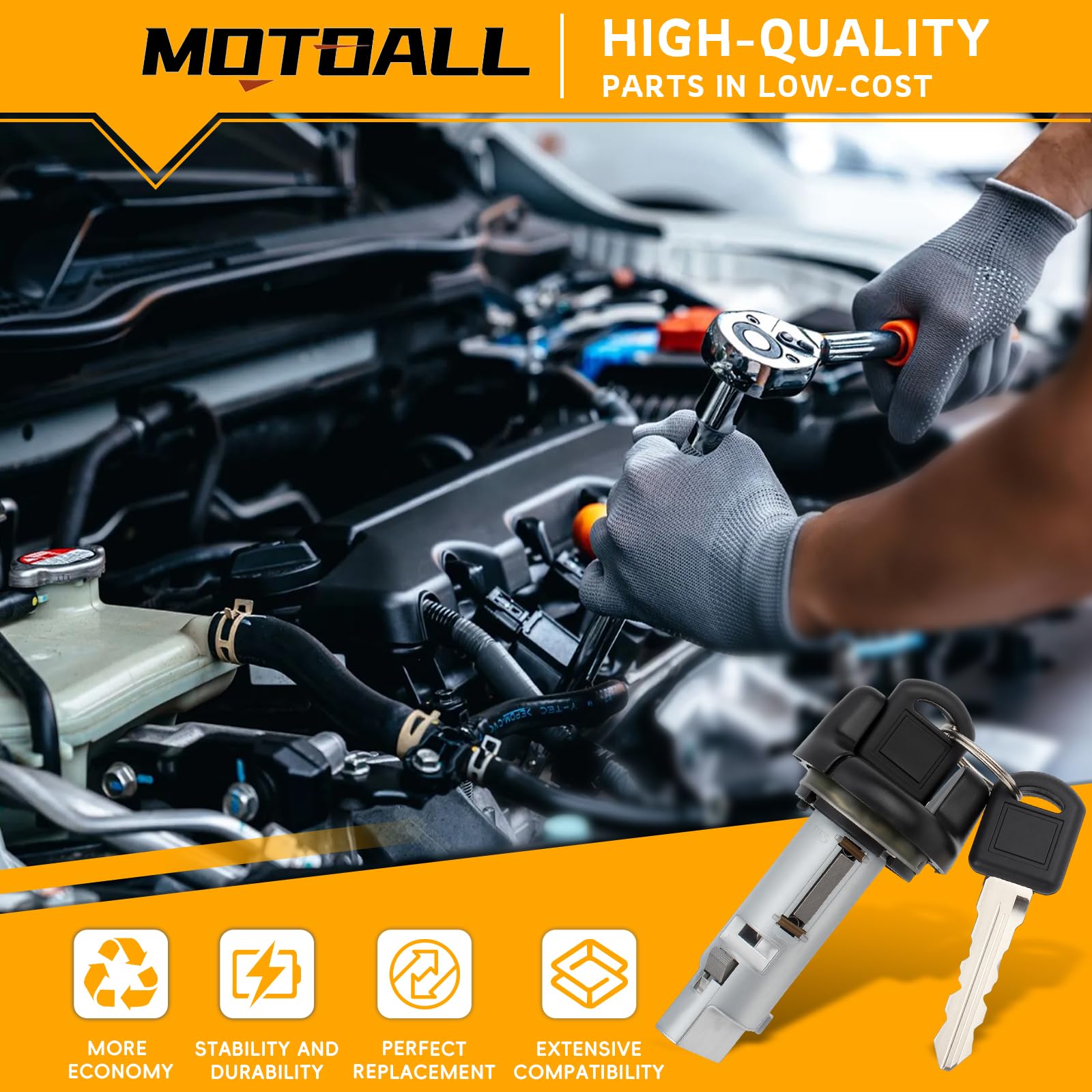 MOTOALL two supplied keys beside cylinder showing immediate use advantage
