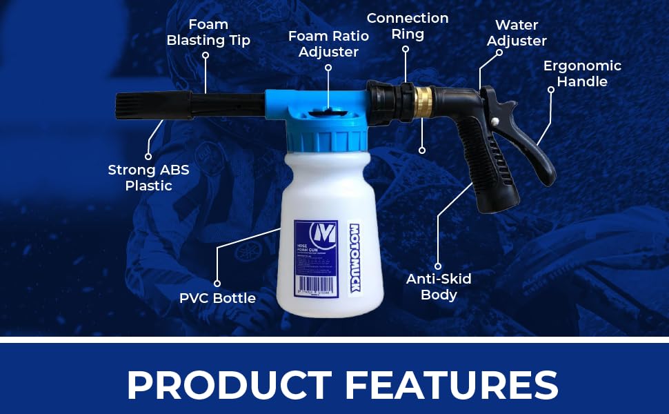 Motomuck foam gun close-up nozzle view illustrating adjustable foam settings for thicker suds