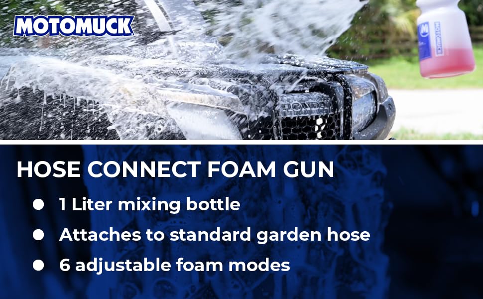 Motomuck foam gun in use spraying snow foam onto car for safer dirt lift and dwell time