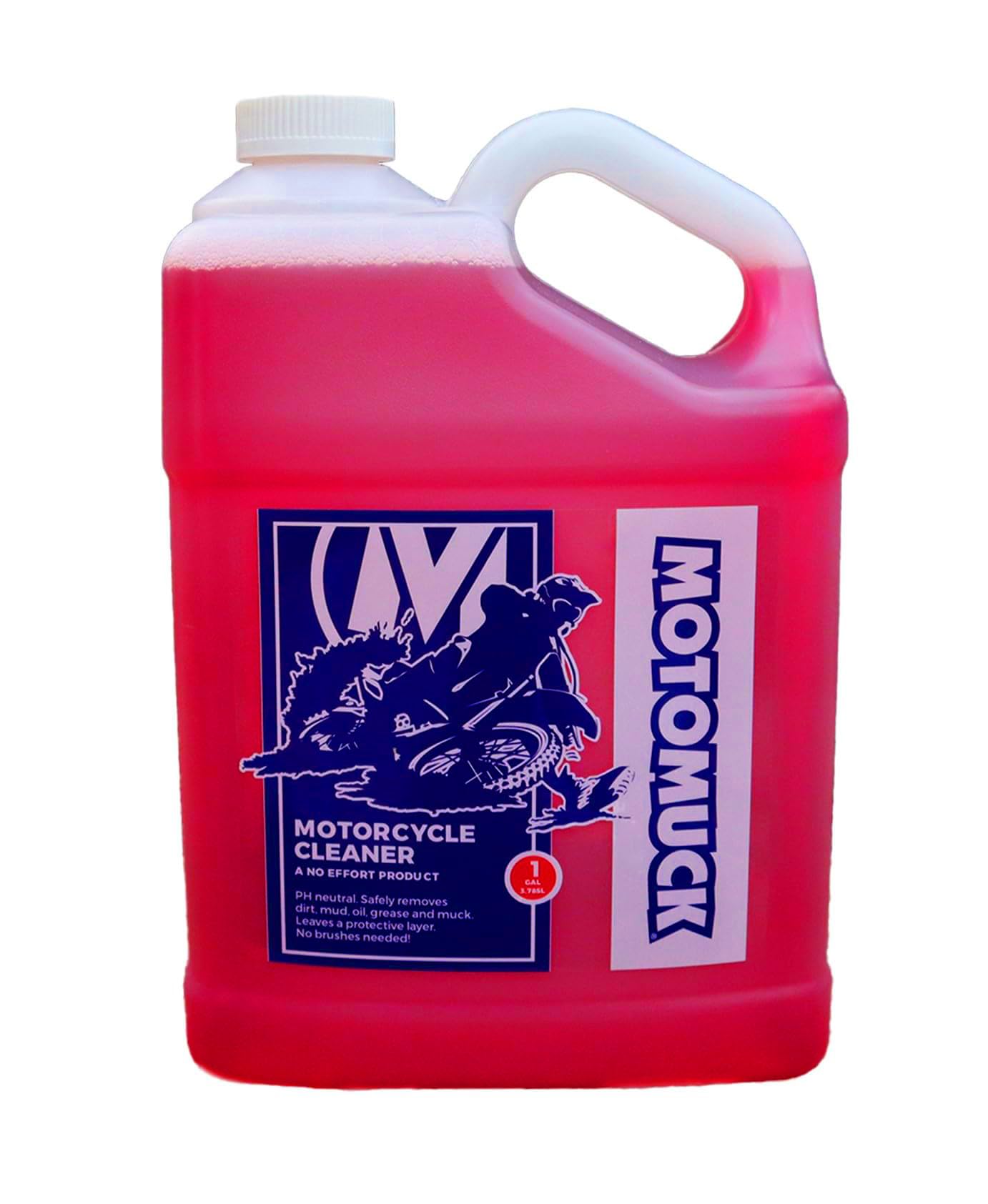 Motomuck gallon bottle front label showing size and safe formula benefits