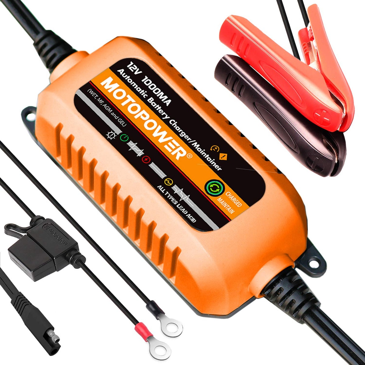 MOTOPOWER front view of orange charger showing compact design and portability benefits