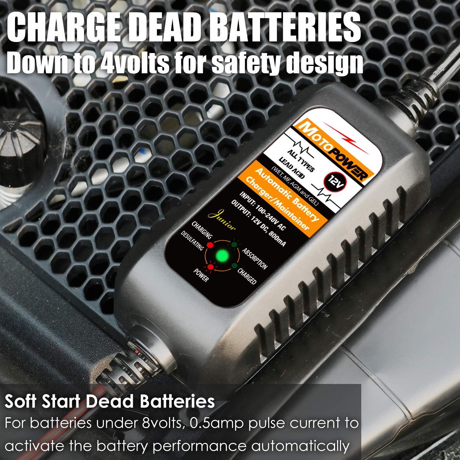 MOTOPOWER clamps connected to battery terminals demonstrating safe spark-free hookup