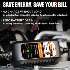 MOTOPOWER charger beside a ruler showing compact size for easy storage and portability