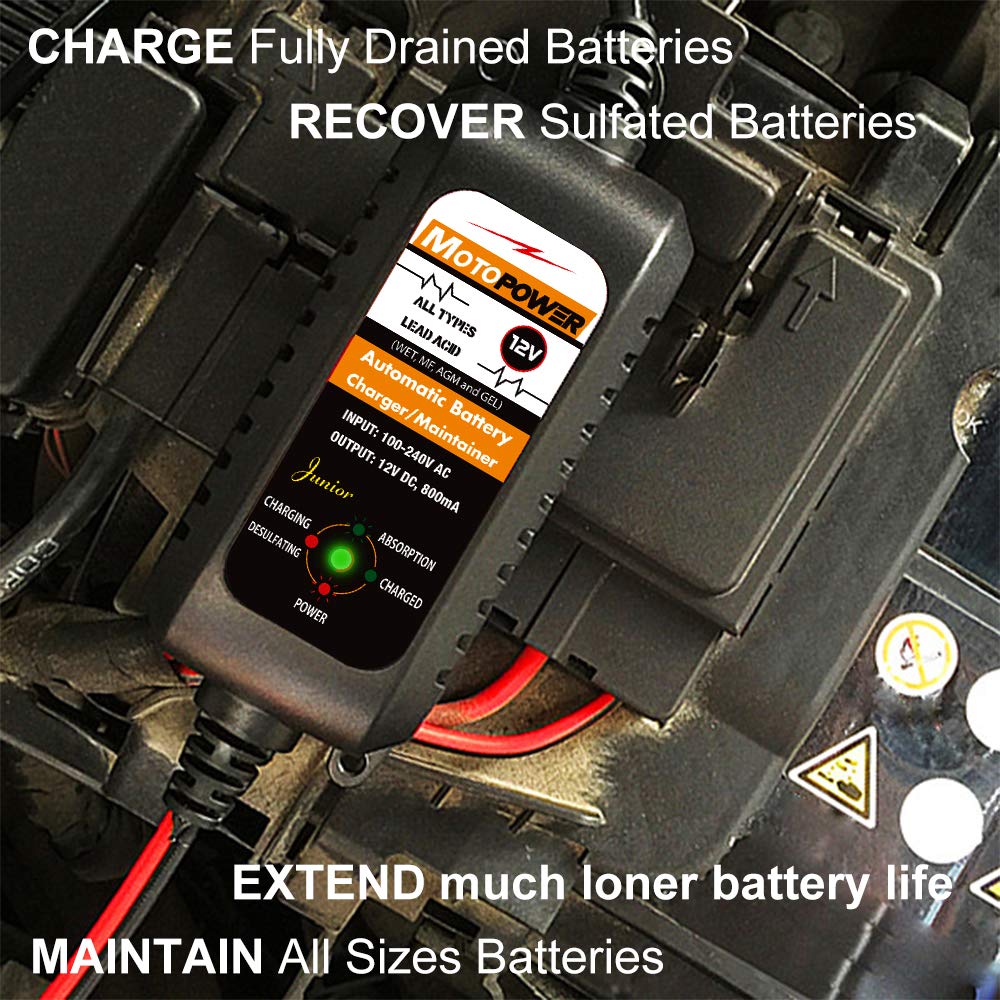 MOTOPOWER charger attached to a motorcycle battery in use for seasonal upkeep