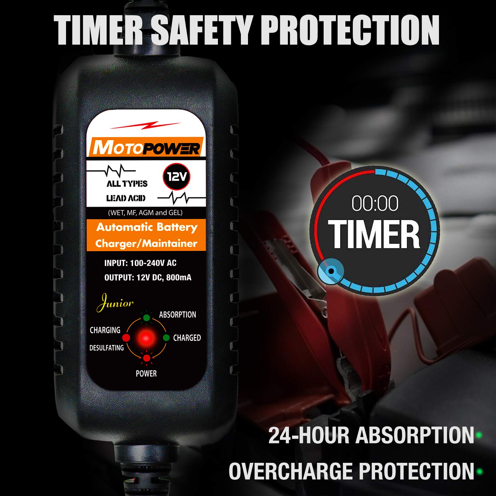 MOTOPOWER LED status indicator close-up showing charge and maintenance feedback