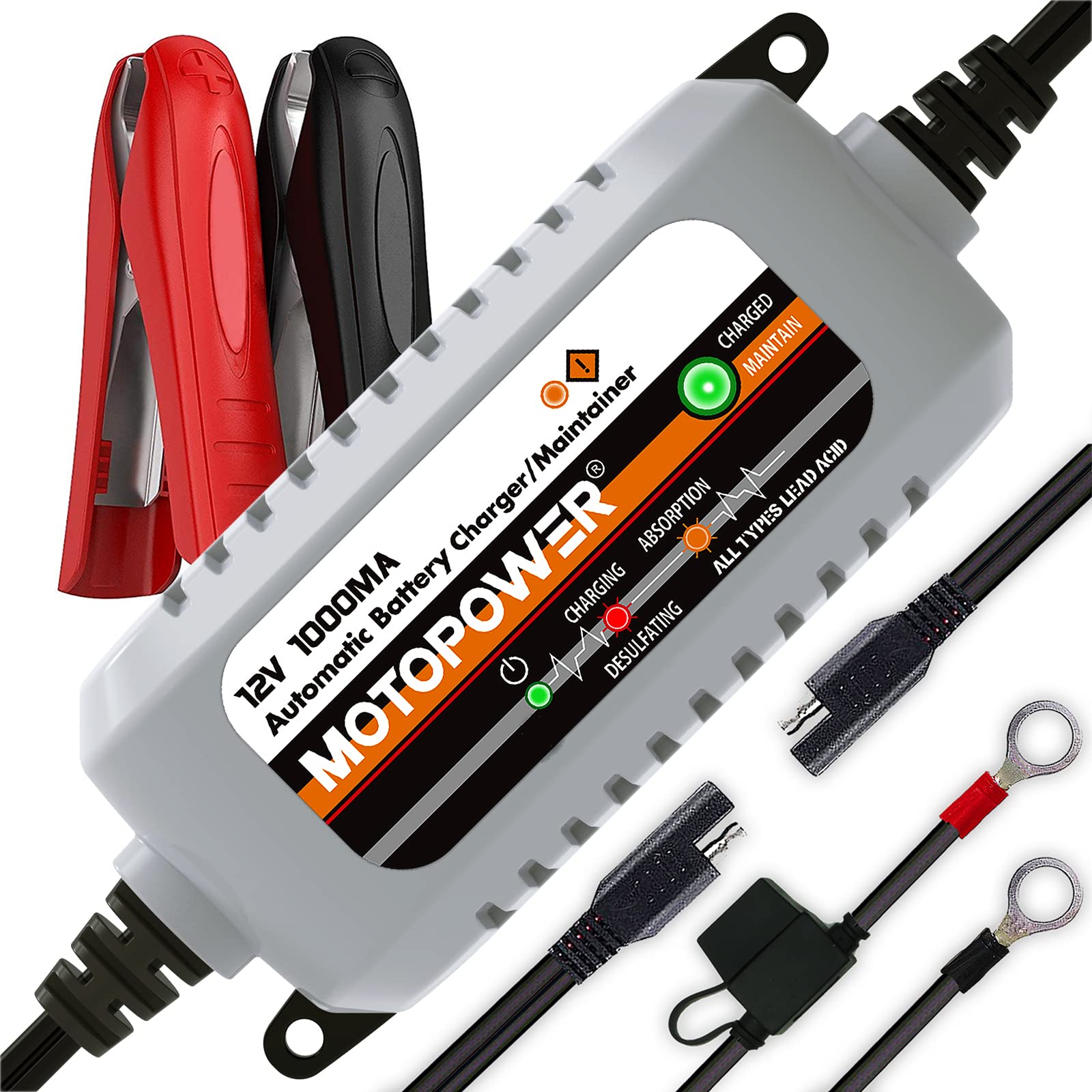 MOTOPOWER front view showing charger compact design and easy storage benefit