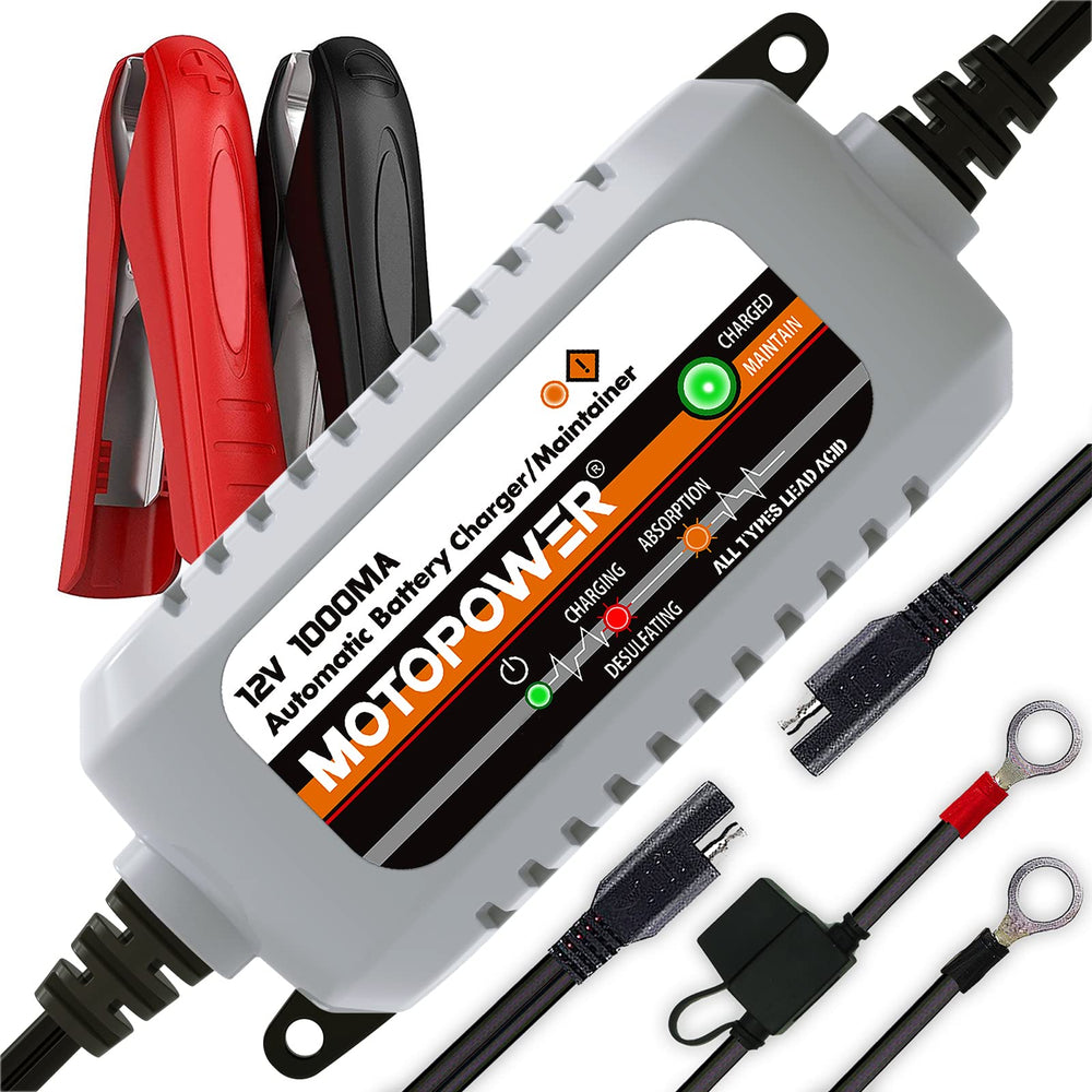 MOTOPOWER front view showing charger compact design and easy storage benefit