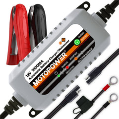 MOTOPOWER front view showing charger compact design and easy storage benefit
