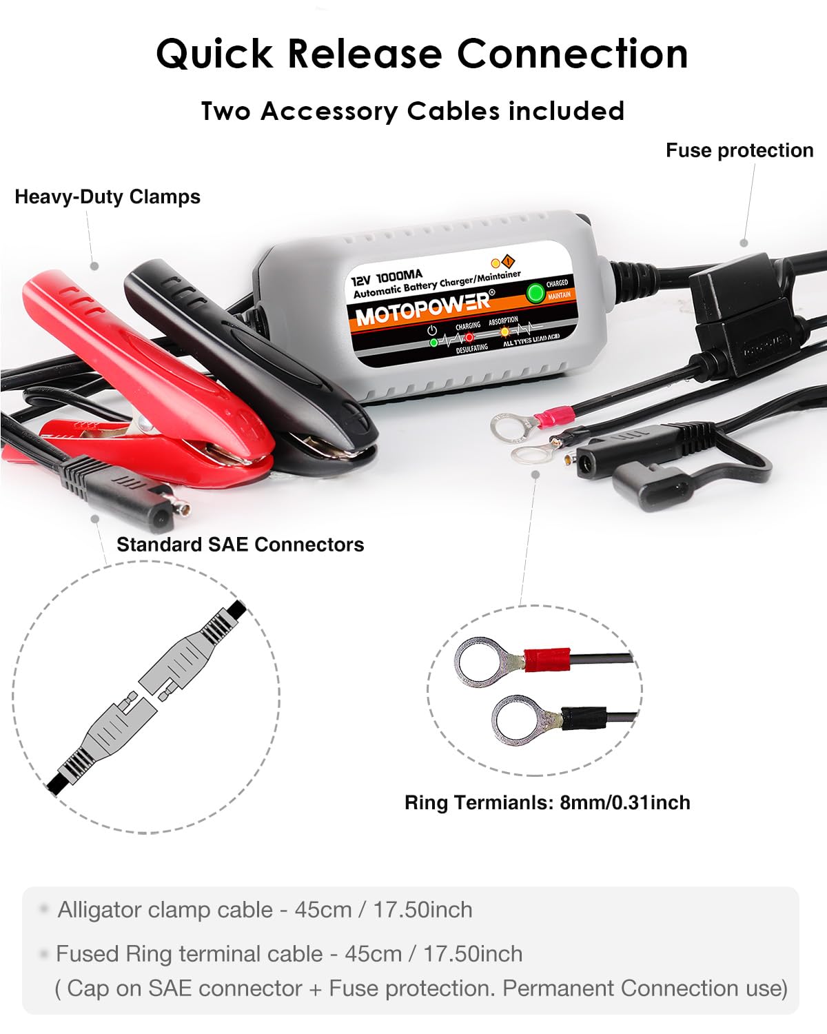 MOTOPOWER SAE quick-release connector for fast plug-and-play battery maintenance