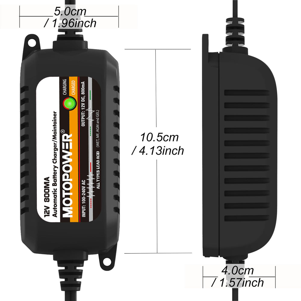 MOTOPOWER in a garage setup charging lawn mower battery for seasonal care