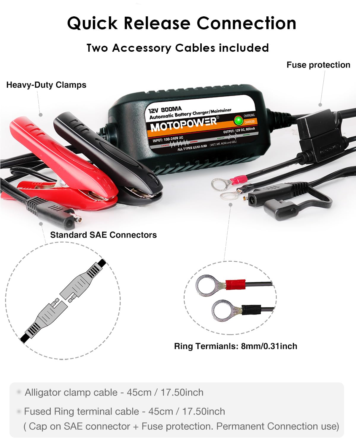 MOTOPOWER charger attached to a motorcycle battery for steady maintenance