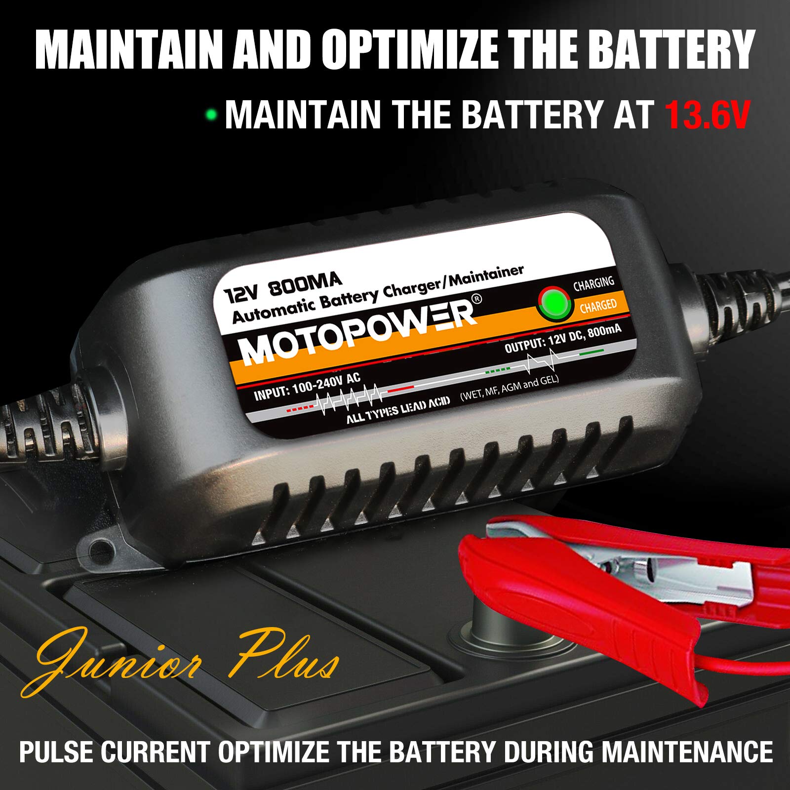 MOTOPOWER LED indicator panel showing charge and maintenance status