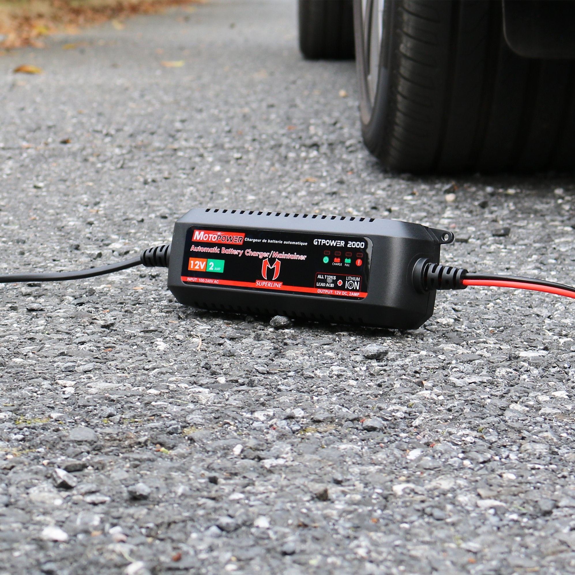 MOTOPOWER connected to motorcycle battery demonstrating maintenance charging benefit