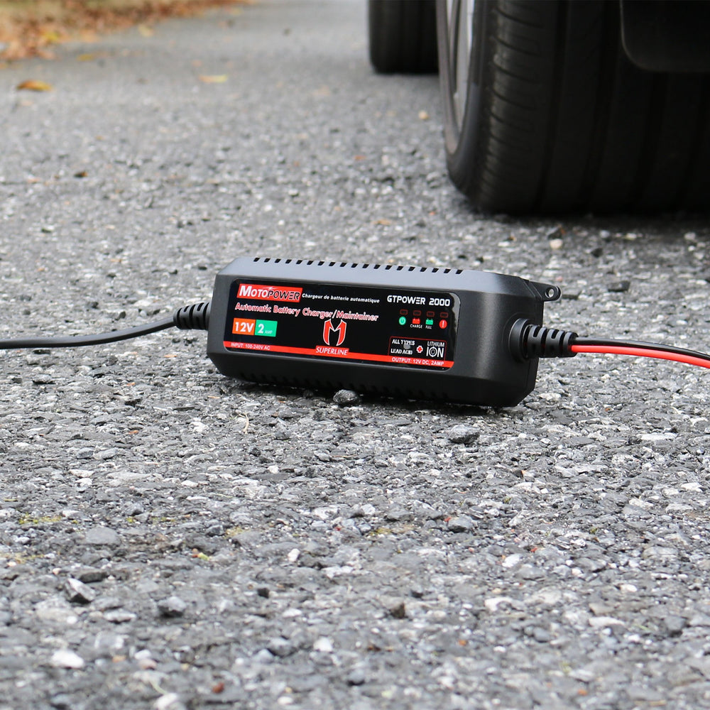MOTOPOWER connected to motorcycle battery demonstrating maintenance charging benefit