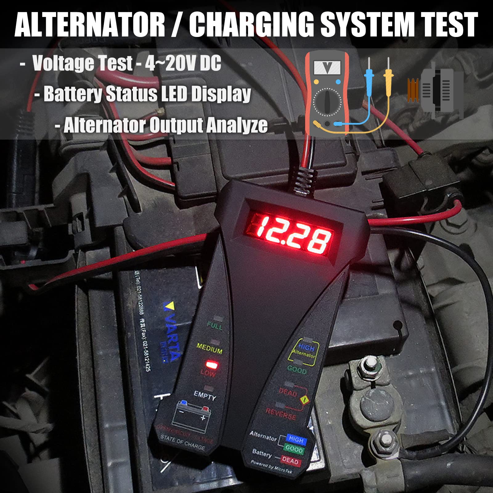 MOTOPOWER close-up LCD display showing precise 0.01V readings and clarity benefit