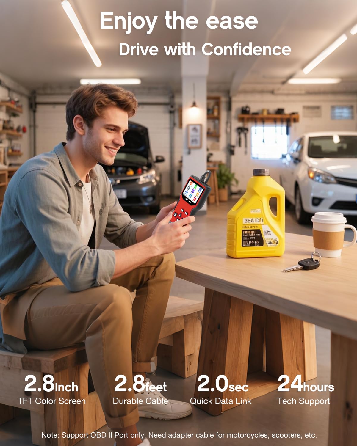 MOTOPOWER MP69033 in garage setting demonstrating pre-trip maintenance use