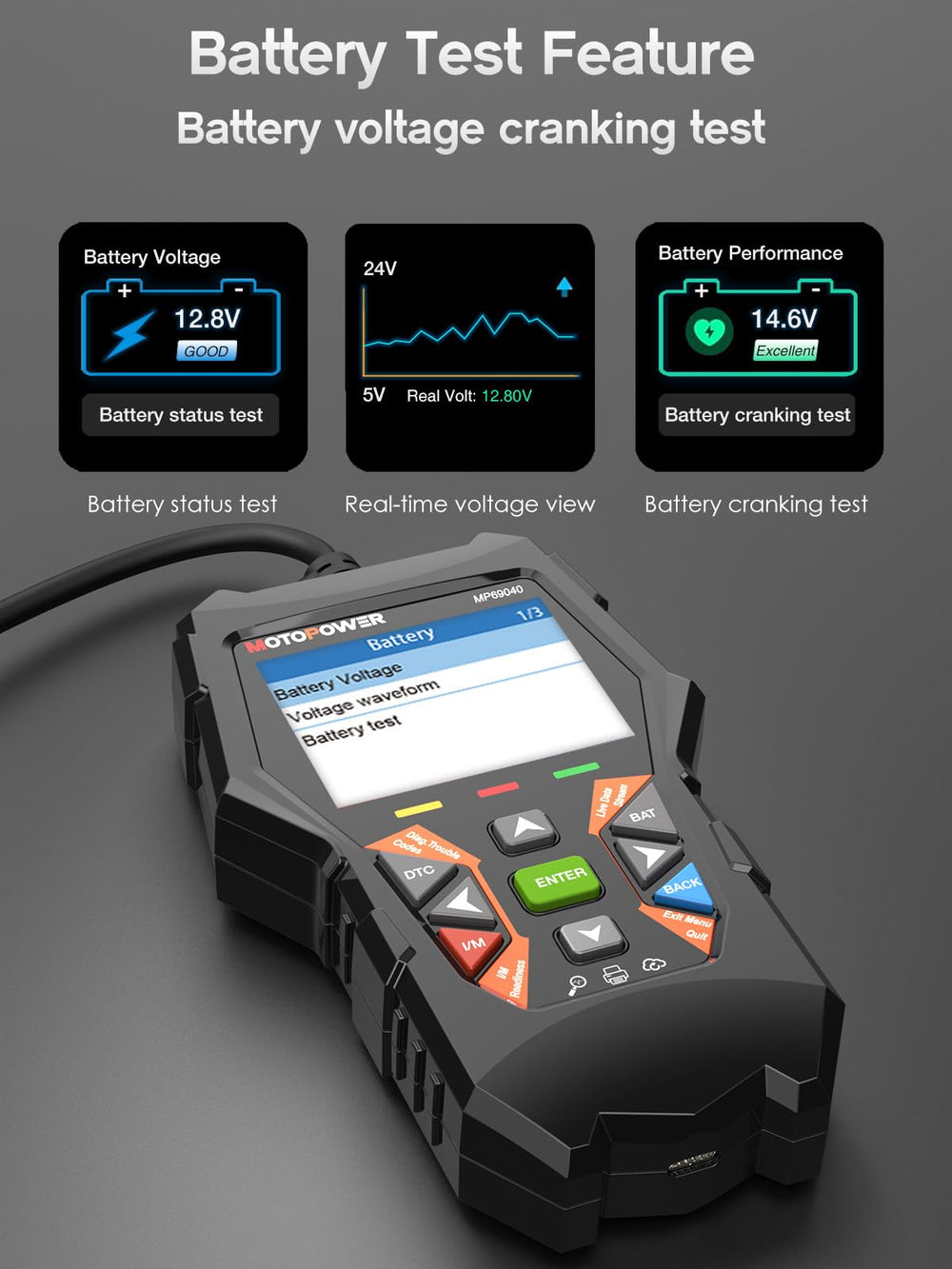 MOTOPOWER MP69040 close-up of keypad and hotkeys enabling quick one-touch I/M and DTC access