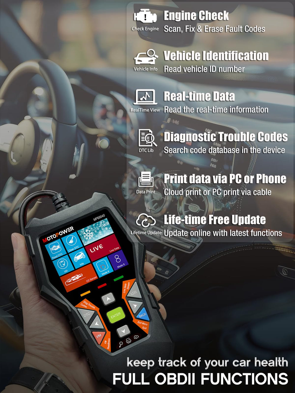 MOTOPOWER MP69040 retail packaging with OBD cable included showing ready-to-use kit