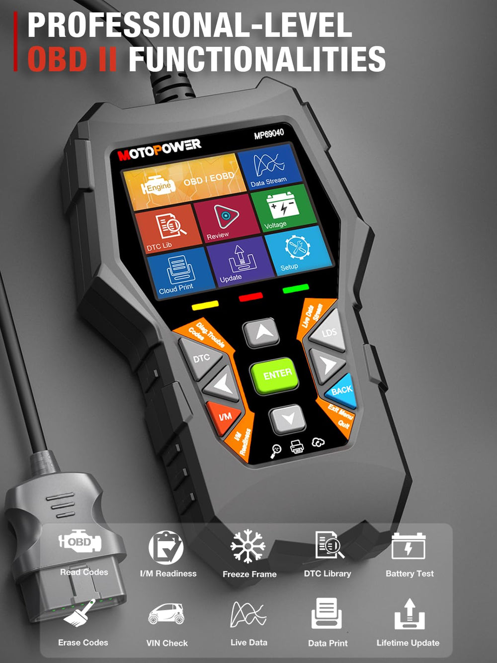 MOTOPOWER MP69040 VIN and DTC code list visible on screen for precise fault identification