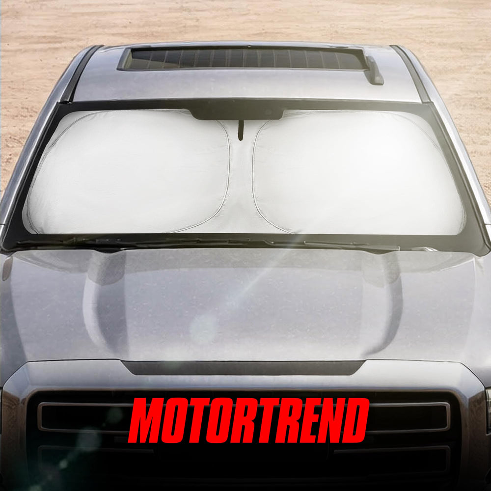 Motor Trend lifestyle view of parked truck showing sunshade in use