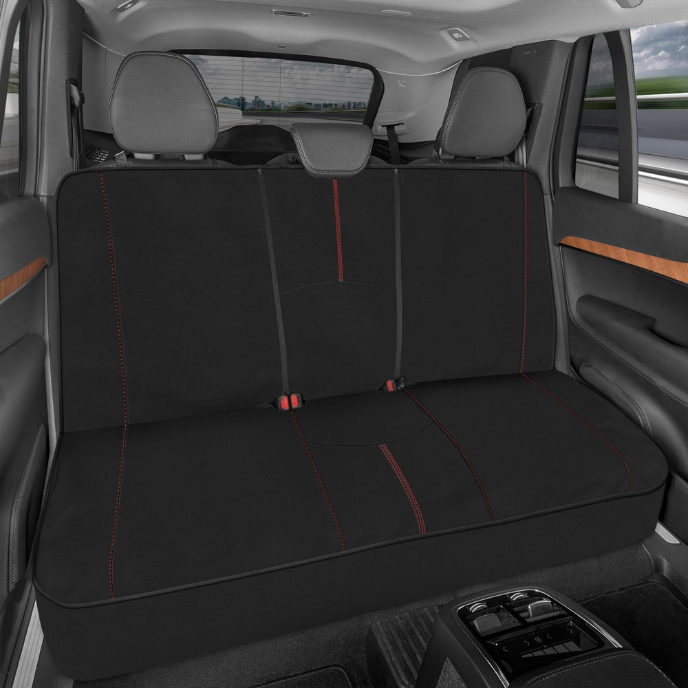 Motor Trend front view of red-stitched rear bench cover showing full protection