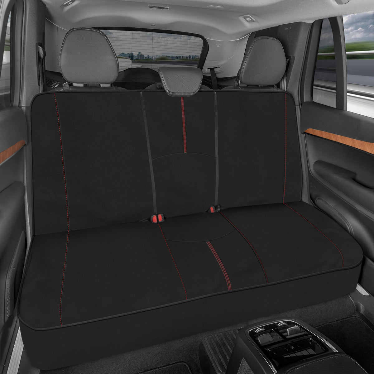 Motor Trend front view of red-stitched rear bench cover showing full protection