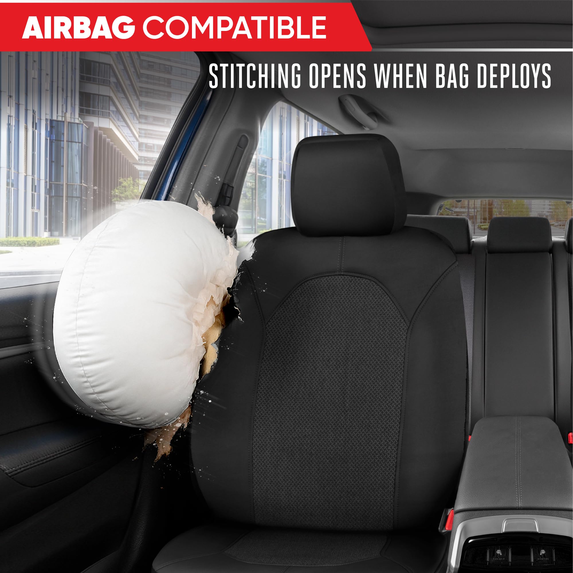 Motor Trend tuck and strap adjustment detail ensuring secure installation
