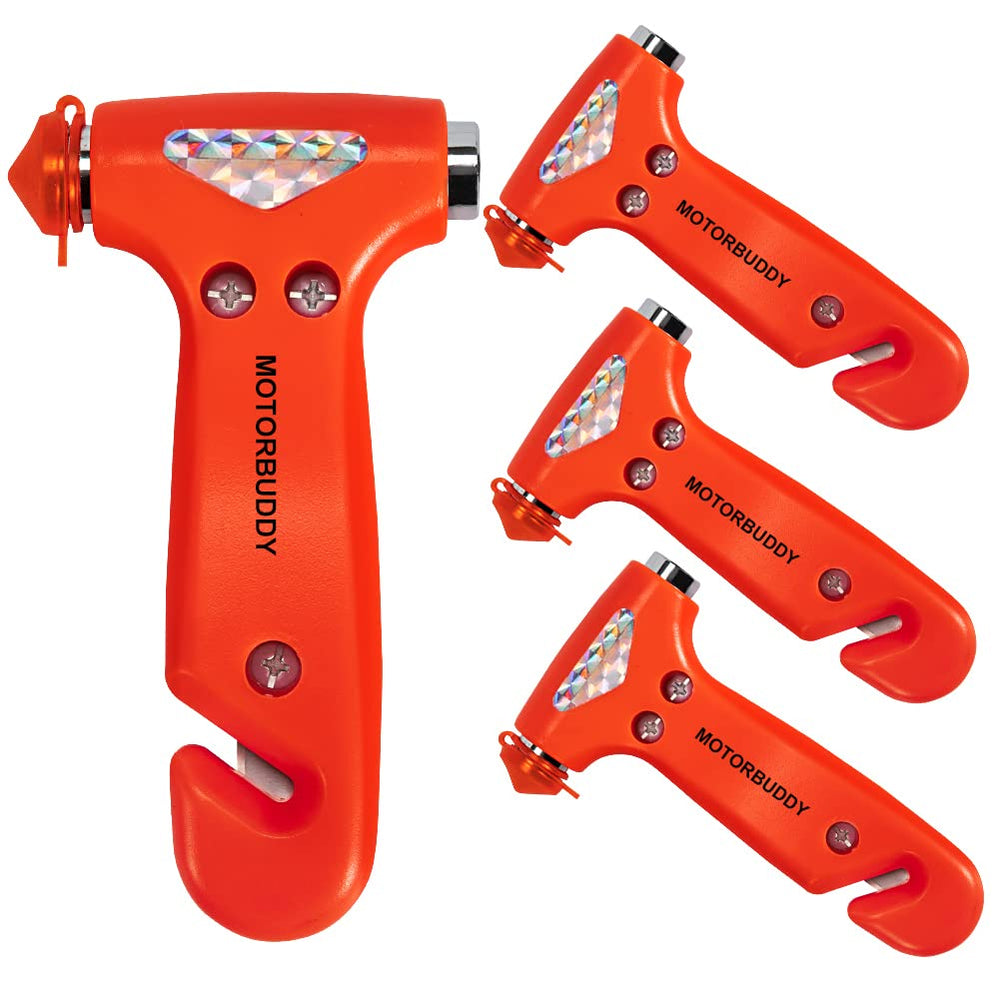 MOTORBUDDY front view of four red safety hammers showing compact pack and visibility benefit