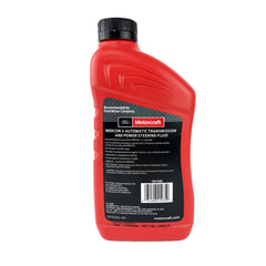 Pouring Motorcraft XT5QMC Mercon V into a transmission pan demonstrating smooth pour and controlled refill