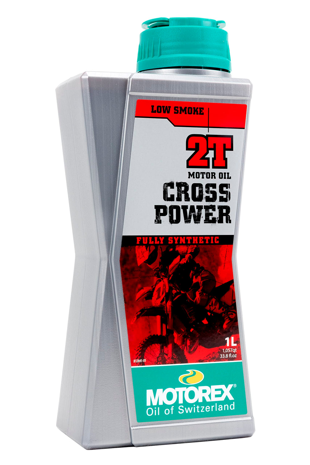 Motorex Cross Power 2T angled bottle highlighting durable packaging and grip