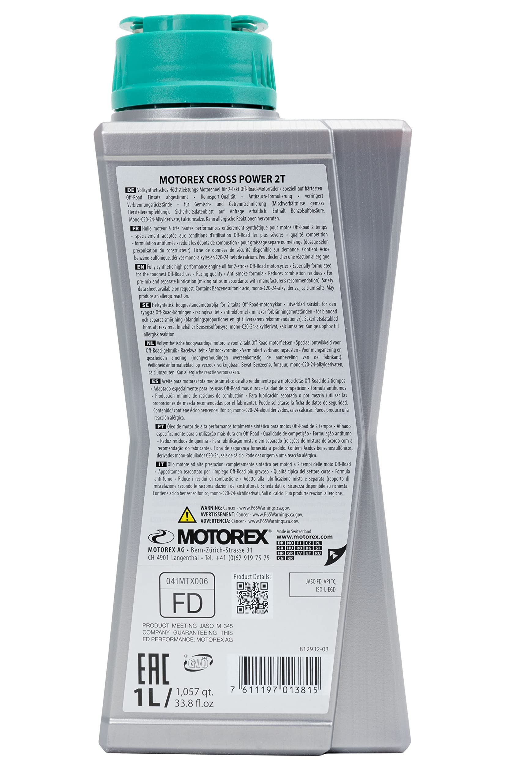 Motorex Cross Power 2T next to liter scale illustrating exact 1 liter volume