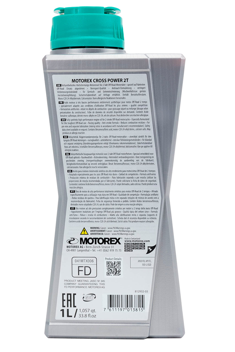 Motorex Cross Power 2T next to liter scale illustrating exact 1 liter volume